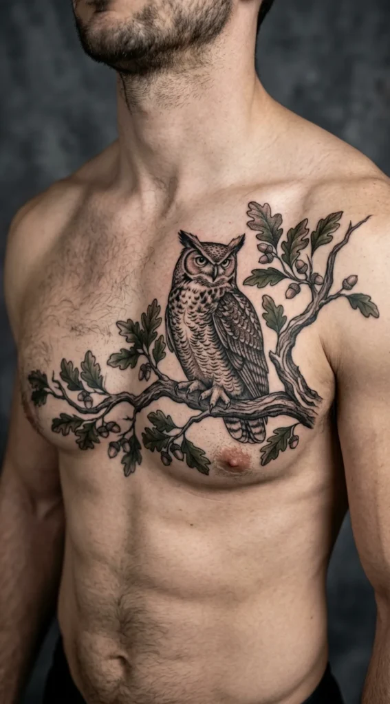 Owl Chest Tattoo on Tree Branch