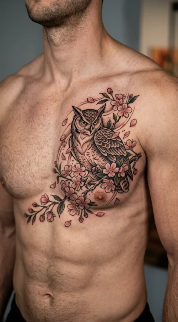 Owl Chest Tattoo with Cherry Blossoms