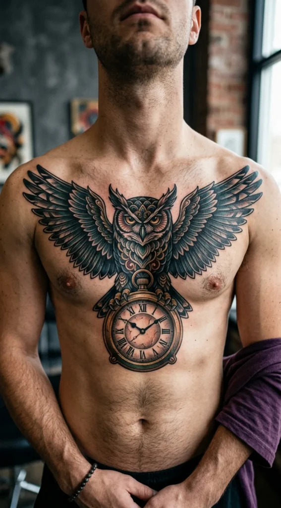 Owl Chest Tattoo with Clock