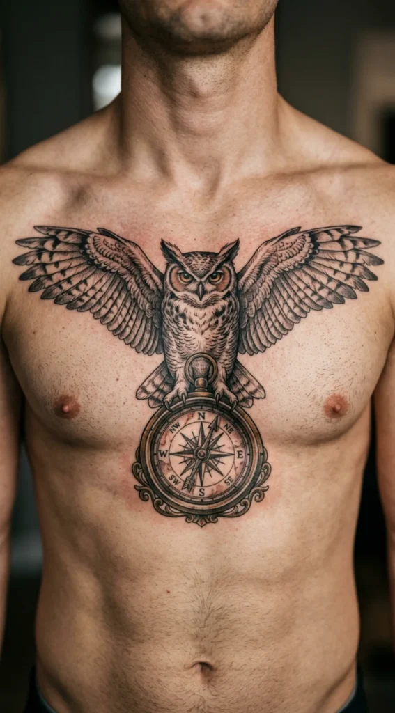 Owl Chest Tattoo with Compass