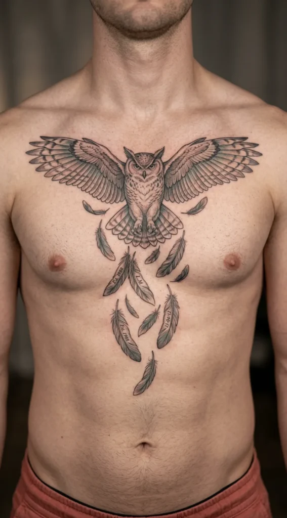 Owl Chest Tattoo with Feather