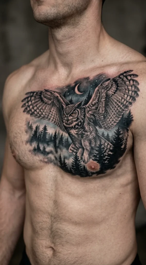 Owl Chest Tattoo with Forest