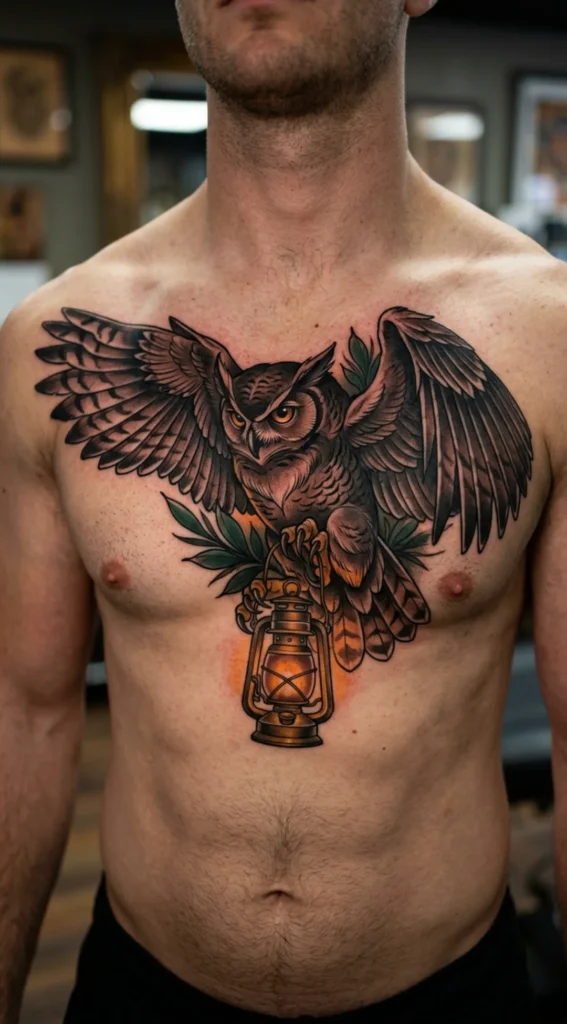 Owl Chest Tattoo with Lantern