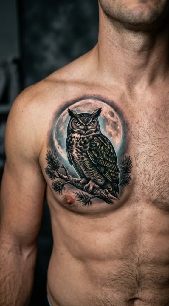 Owl Chest Tattoo with Moon