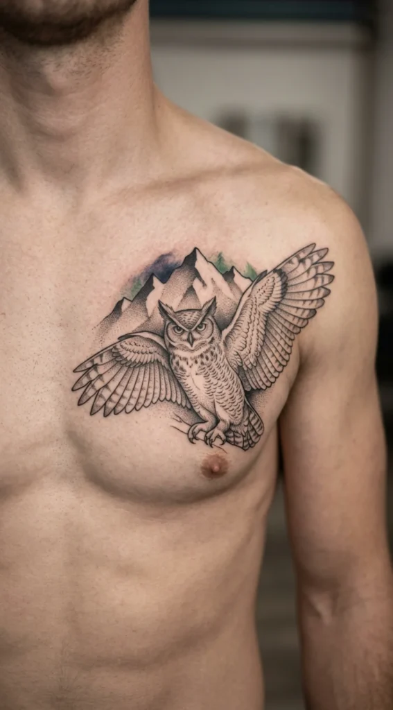 Owl Chest Tattoo with Mountains