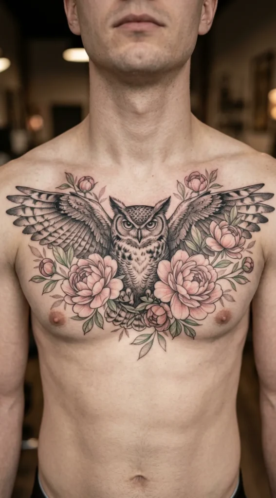 Owl Chest Tattoo with Peonies