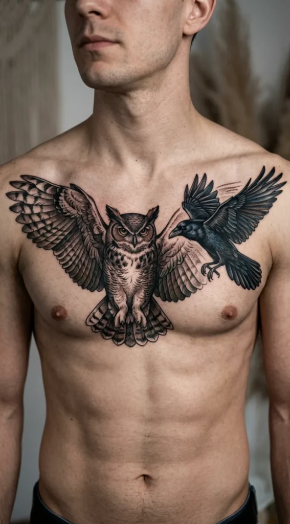 Owl Chest Tattoo with Raven