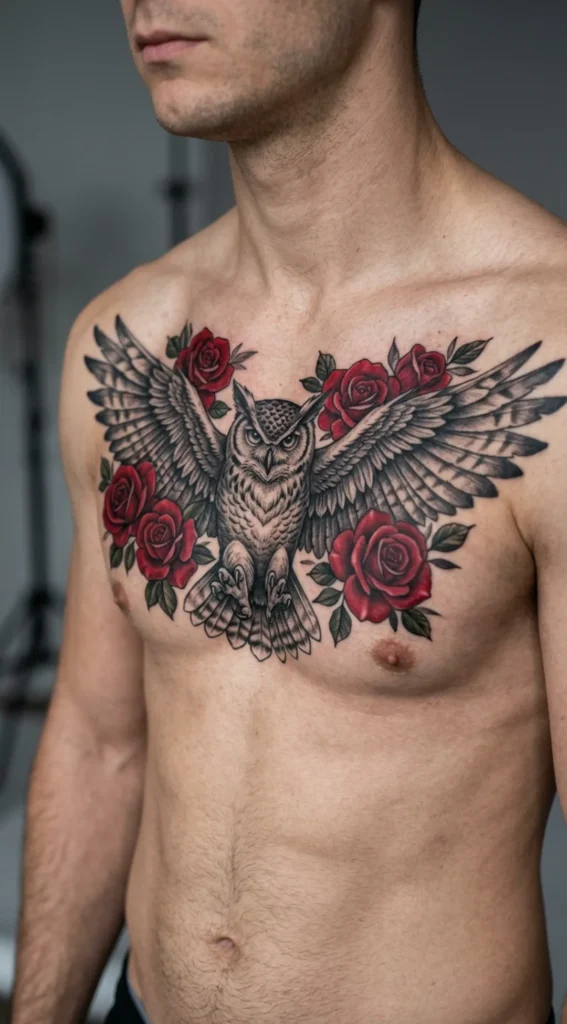 Owl Chest Tattoo with Roses