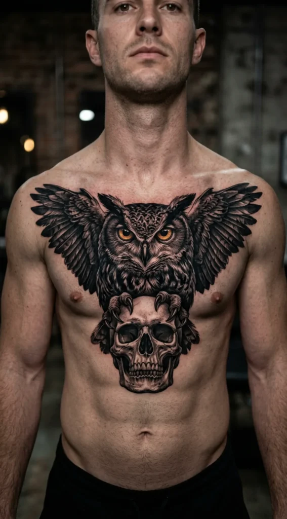 Owl Chest Tattoo with Skull