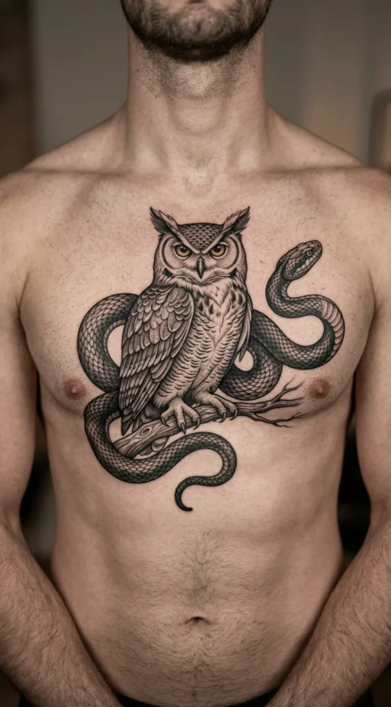 Owl Chest Tattoo with Snake
