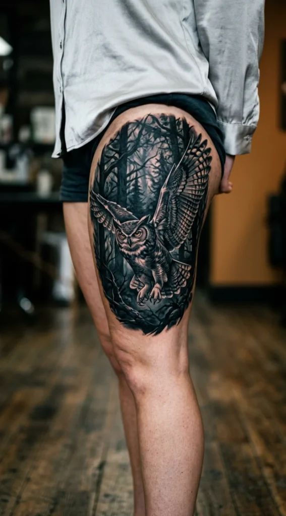 Owl Emerging from Dark Forest Tattoo
