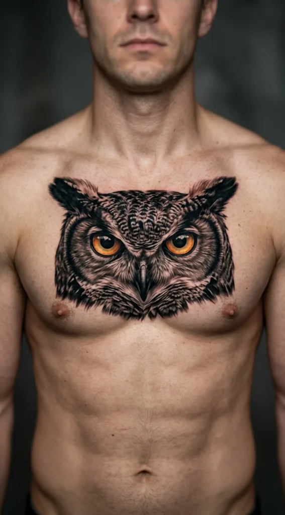 Owl Face Chest Tattoo