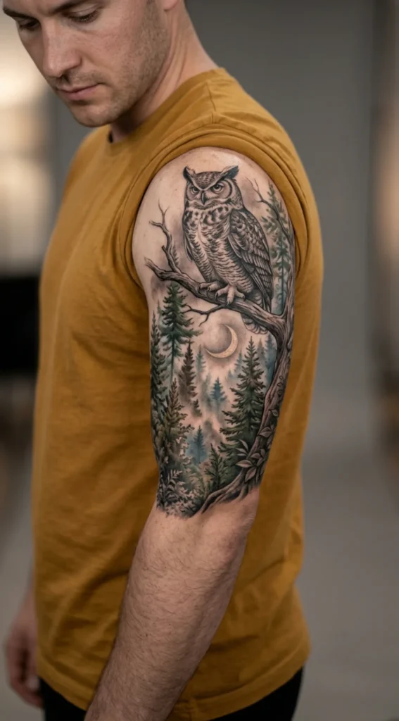 Owl Half Sleeve with Forest Scene