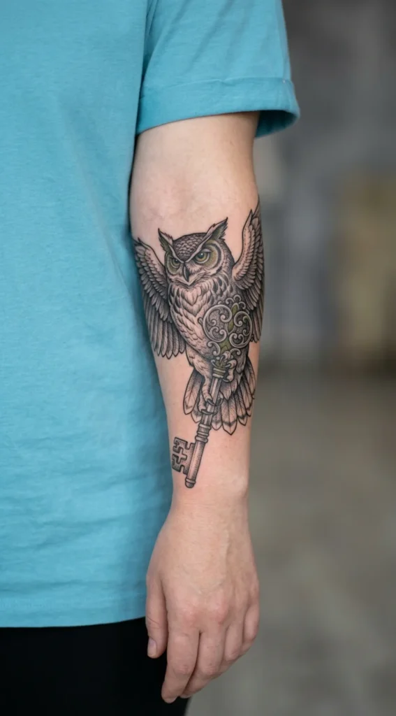 Owl Holding a Key Tattoo