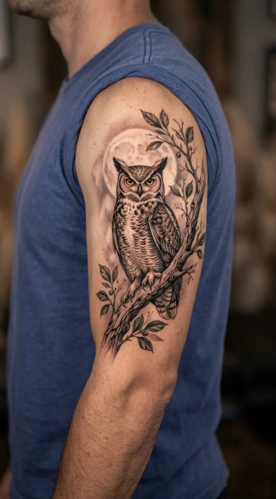 Owl Perched on Tree Branch Tattoo