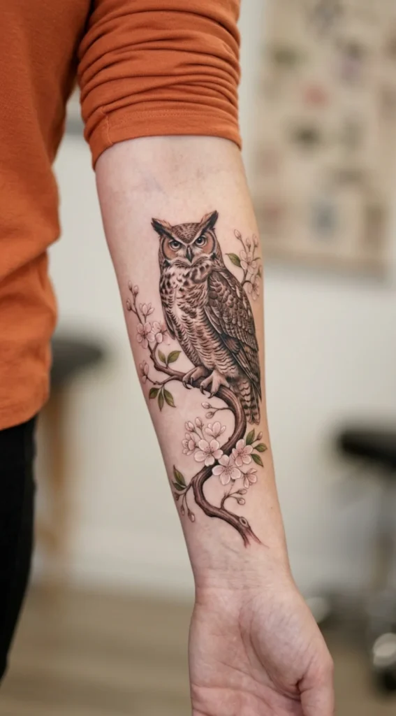 Owl Perched on a Cherry Blossom Branch Tattoo