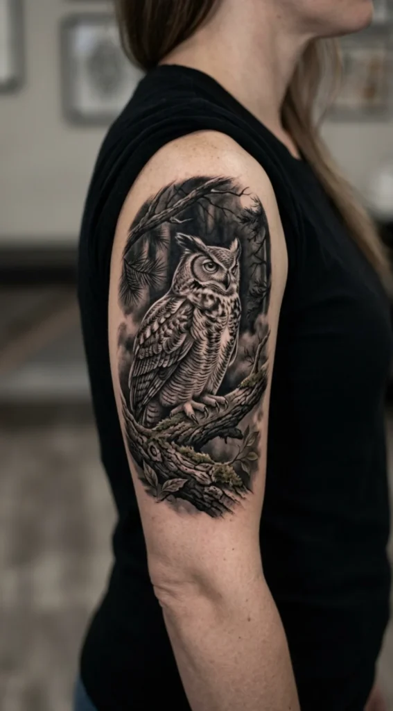 Owl Sitting on a Forest Tree Branch Tattoo