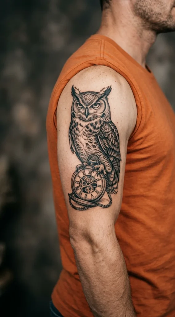 Owl and Clock Tattoo