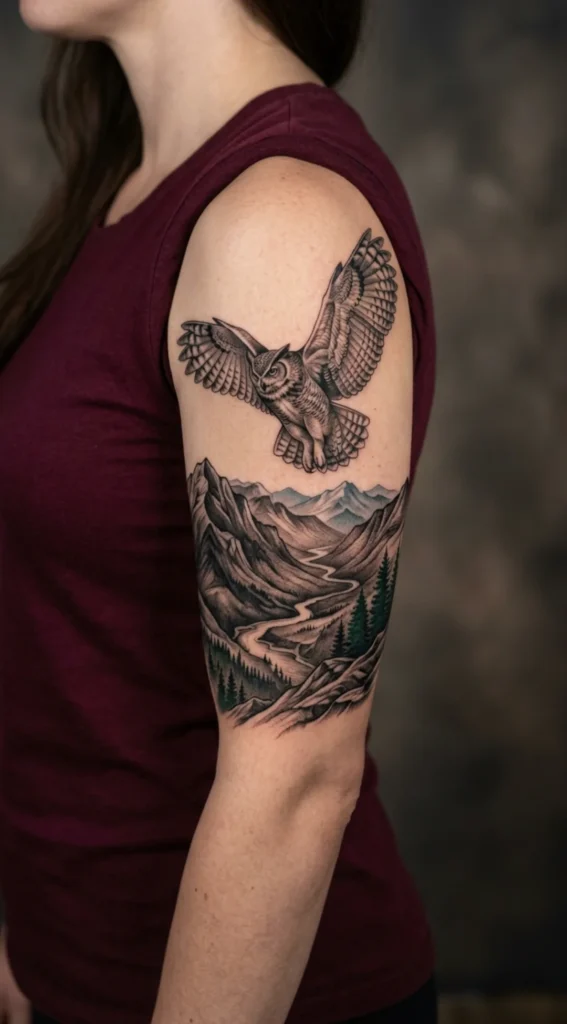 Owl in Flight Over Mountain Landscape Tattoo
