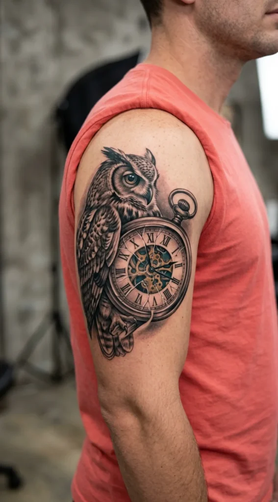 Owl with Broken Clock Tattoo