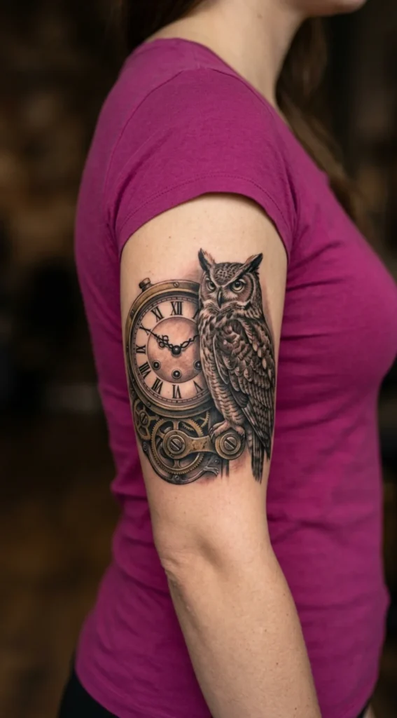 Owl with Clock Tattoo in Realism Style