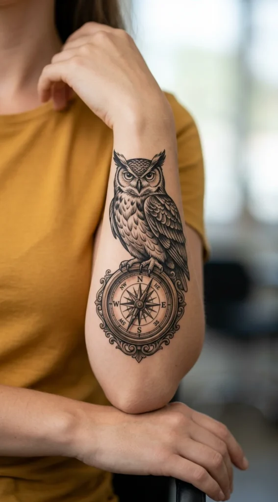 Owl with Compass Tattoo