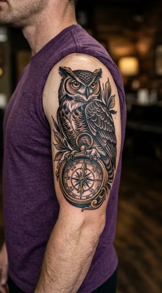 Owl with Compass Tattoo