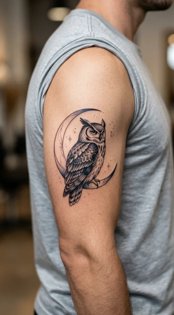Owl with Crescent Moon Tattoo