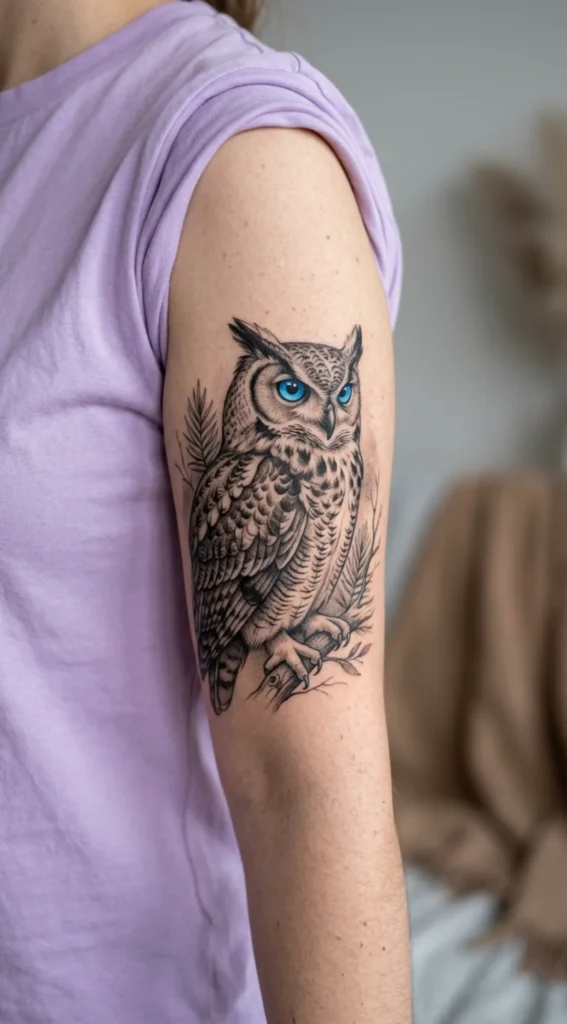 Owl with Crystal Blue Eyes Tattoo