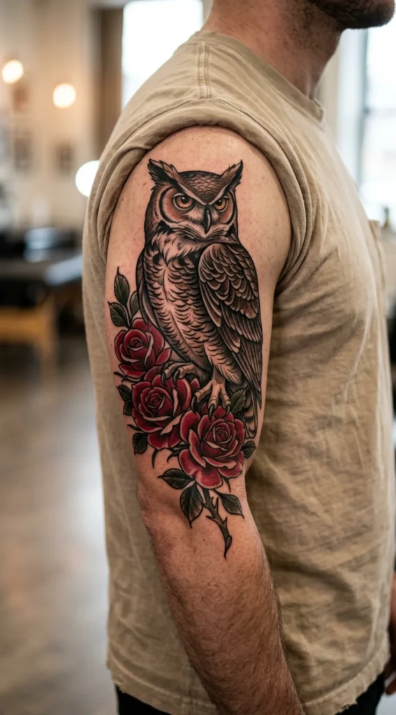 Owl with Rose Tattoo
