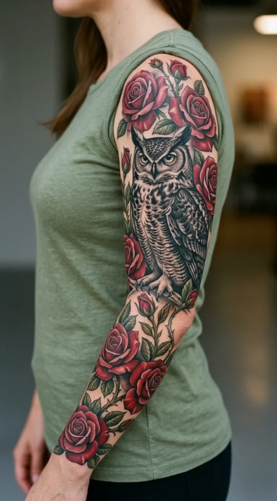 Owl with Roses Sleeve Tattoo