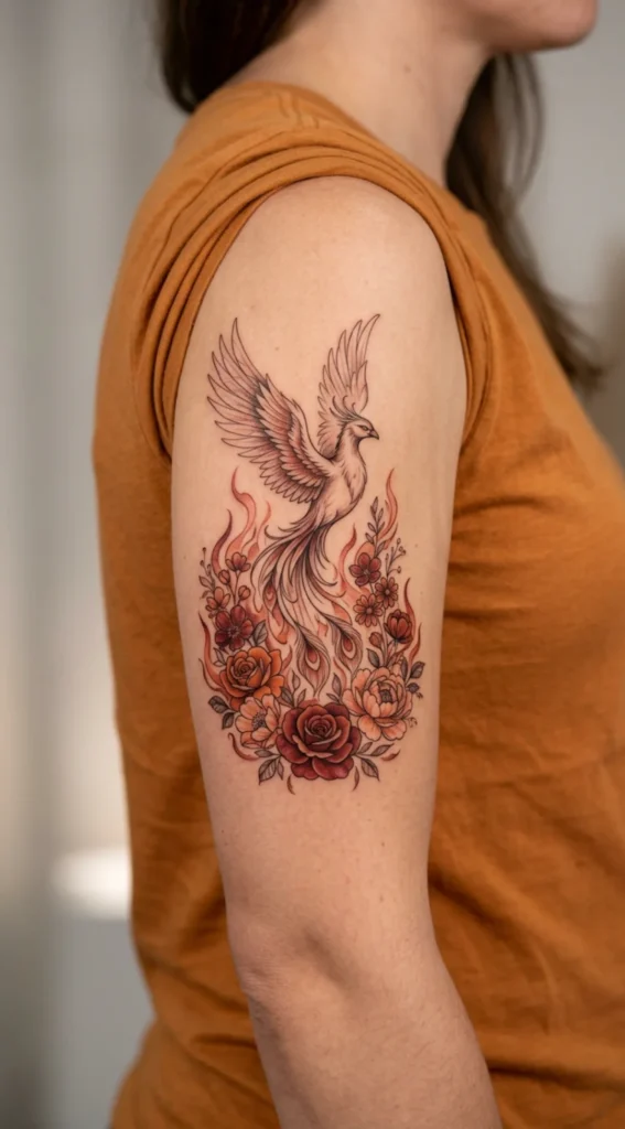 Phoenix Emerging from Floral Flames