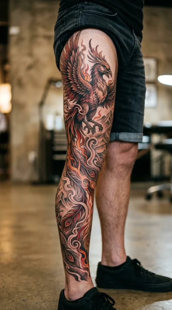 Phoenix Leg Sleeve Tattoo