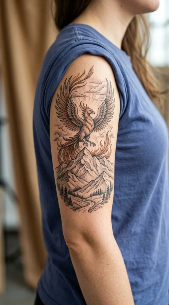 Phoenix Rising Above Mountain Peaks