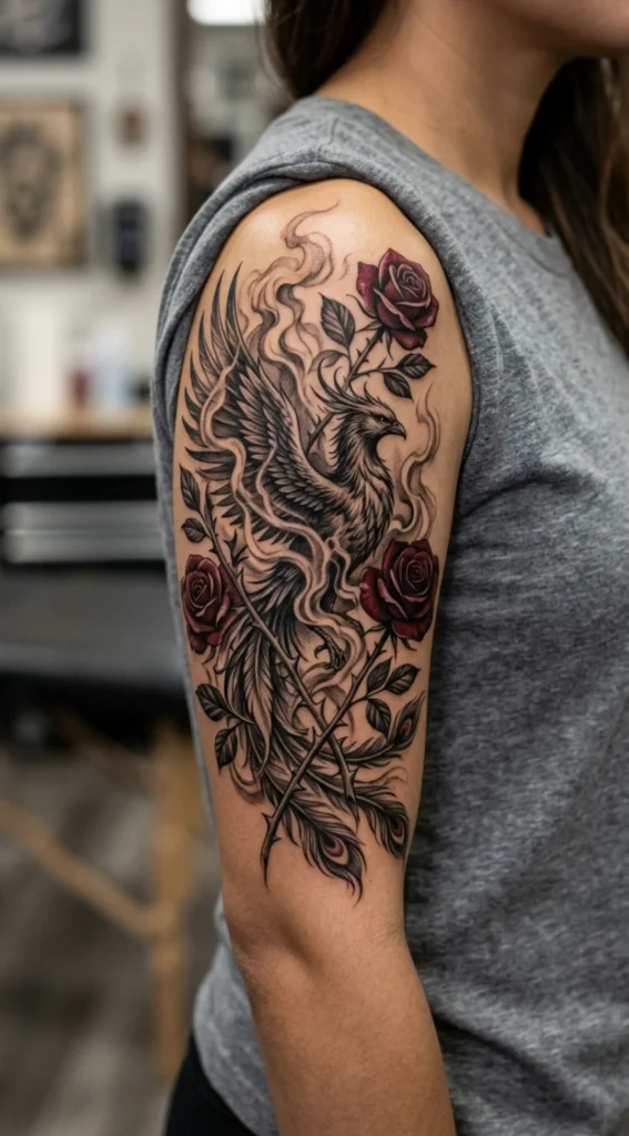 Phoenix Rising Through Smoke and Roses