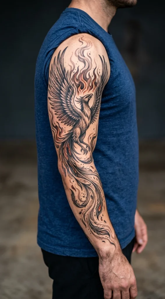 Phoenix Rising from Ashes Full Sleeve Tattoo