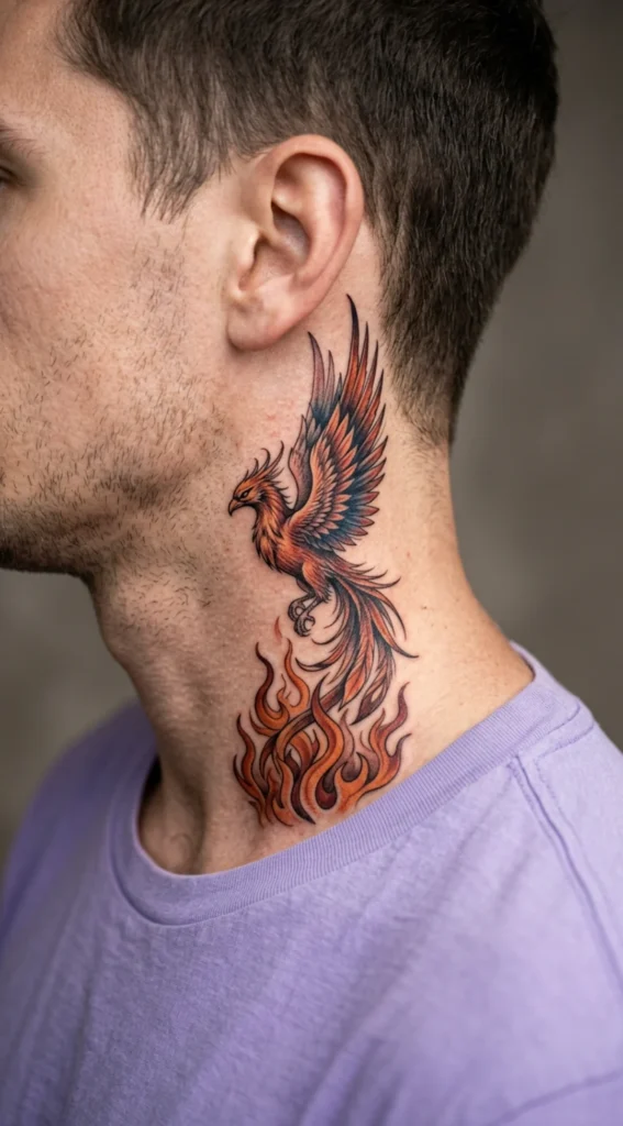 Phoenix Rising from Flames Along the Side Neck