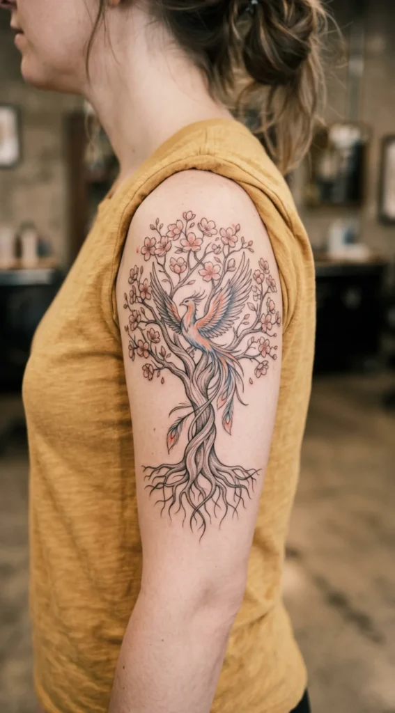 Phoenix Rising with a Blooming Tree of Life
