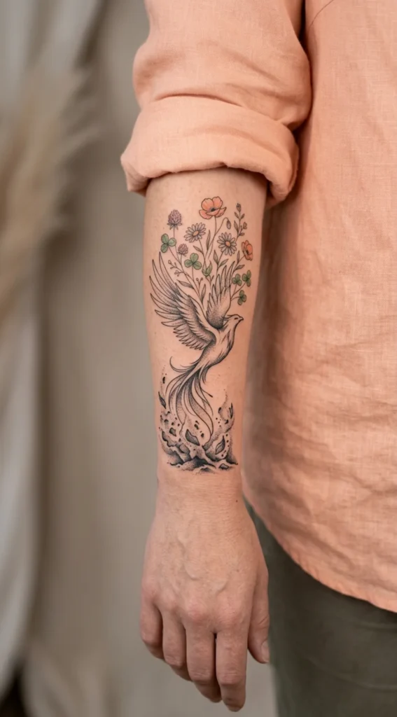 Phoenix Transforming from Ashes into Wildflowers