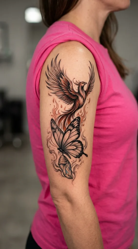 Phoenix and Butterfly Transformation Tattoo