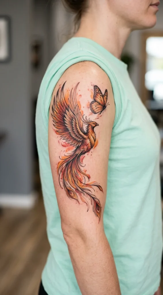 Phoenix and Butterfly Transformation Tattoo