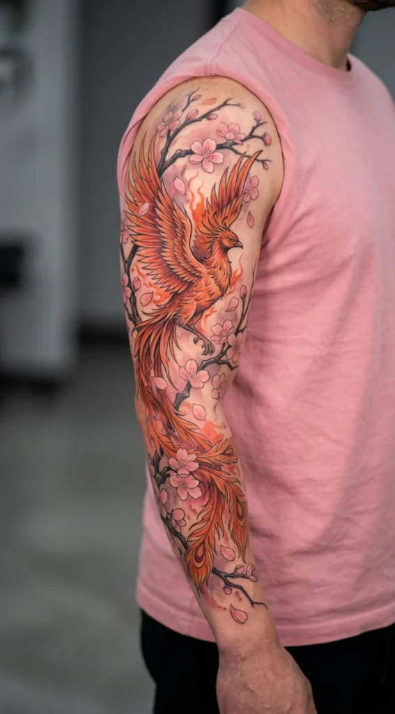 Phoenix and Cherry Blossom Full Sleeve Tattoo
