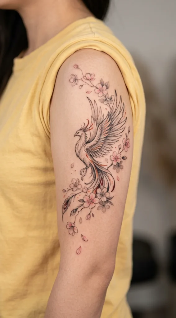 Phoenix and Cherry Blossom Rebirth Tattoo
