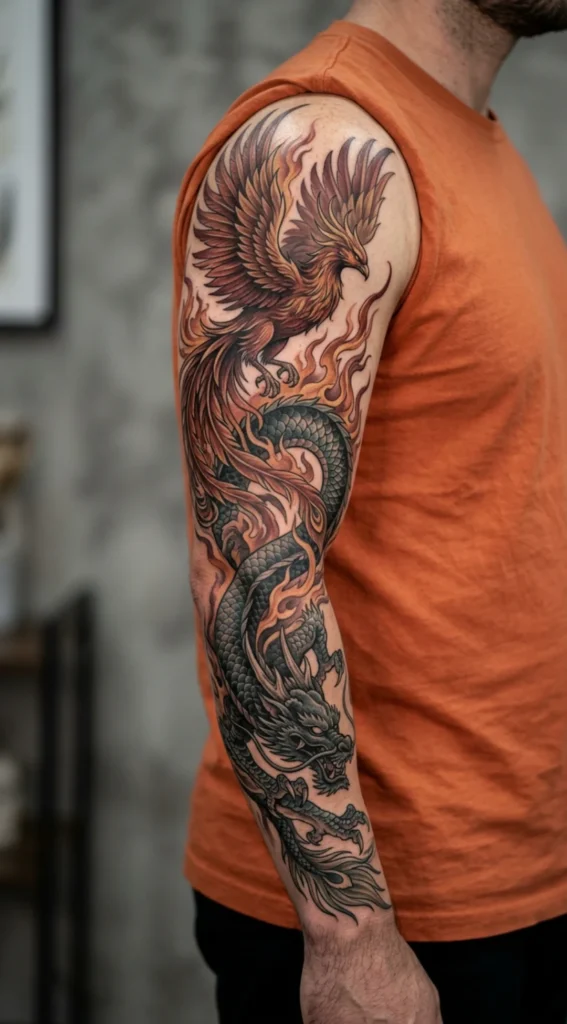Phoenix and Dragon Full Sleeve Tattoo