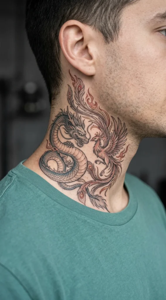 Phoenix and Dragon Half Neck Fusion Tattoo