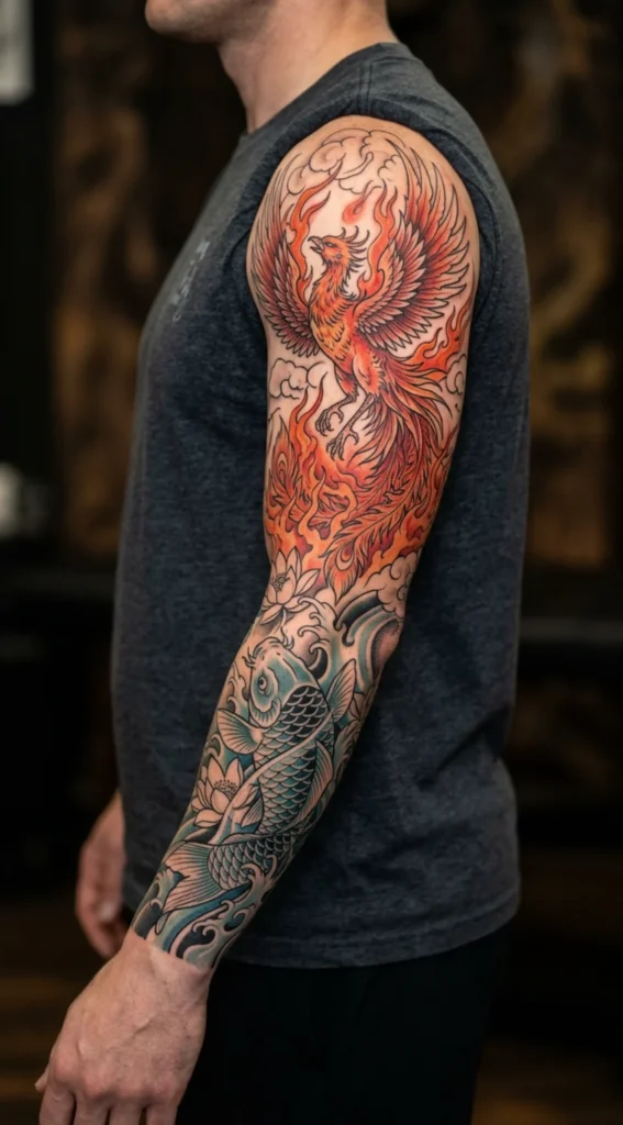 Phoenix and Koi Fish Full Sleeve Tattoo
