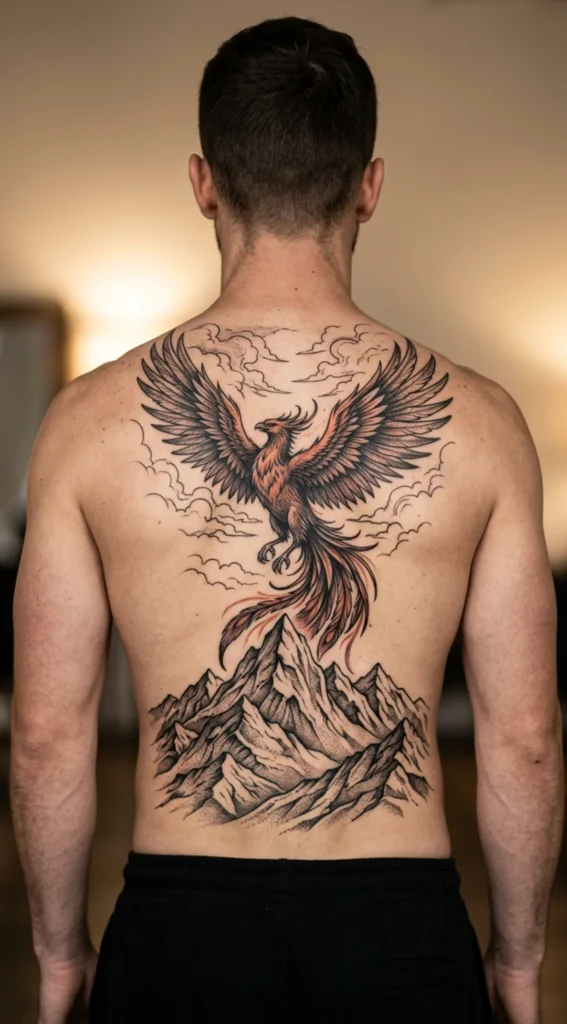 Phoenix and Mountain Landscape Tattoo