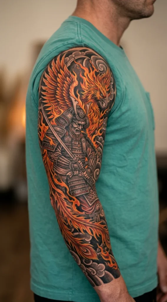 Phoenix and Samurai Full Sleeve Tattoo