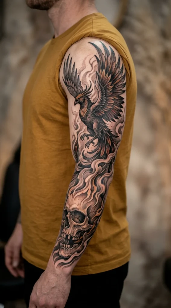 Phoenix and Skull Full Sleeve Tattoo