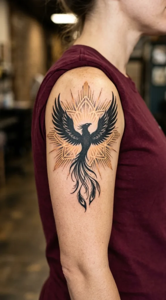 Phoenix and Sunburst Symbol Tattoo